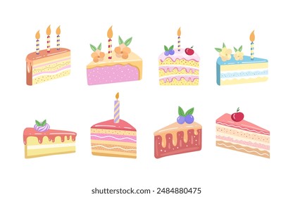 Cake slice pieces isolated on white background. Vector illustration set for stickers and postcards	