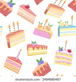 Cake slice pieces isolated on white background. Seamless pattern.	