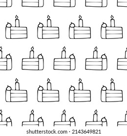 Cake slice seamless pattern doodle outline vector. Texture for background, menu, booklet, label, print, greeting card, packaging, merchandise, book, poster, fabric, wrapping, storefront, textile.