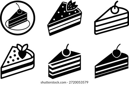 Juego de iconos de silueta de rebanada de pastel con aderezos de bayas y cerezas