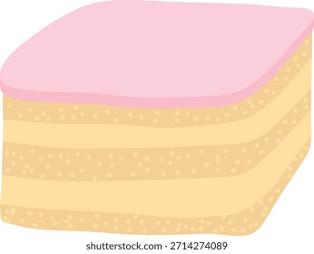 Rebanada de pastel con glaseado suave y esponja en capas salpicada de migas, dibujado en líneas de dibujos animados limpios. Símbolo de postre, dulzura, indulgencia de panadería, celebración. Ilustración vectorial de dibujos animados.