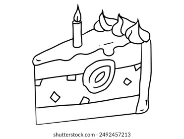 Cake slice with strawberry piece and one lit candle hand drawn outline vector illustration. Isolated on white background