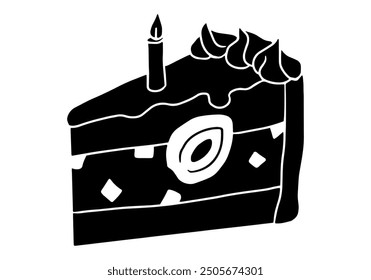 Cake slice with strawberry piece and one lit candle silhouette vector illustration. Isolated on white background