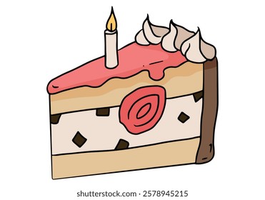 Cake slice with strawberry piece and one lit candle colored doodle vector illustration. Isolated on white background