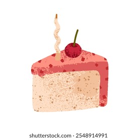 Cake slice, sweet cherry and vanilla mousse dessert. Cut piece with berry decoration, festive candle. Delicious treat, birthday confectionery. Flat vector illustration isolated on white background