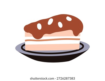 Rebanada de pastel, postre dulce servido en el plato. Pastelería con glaseado de chocolate. Bocadillo de azúcar de vainilla con glaseado de chocolate derretido, espolvorear, relleno de crema. Ilustración vectorial plana aislada sobre fondo blanco
