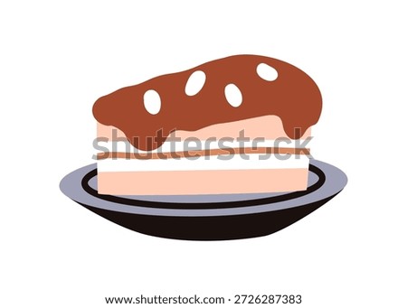 Cake slice, sweet dessert served on plate. Pastry with chocolate icing. Vanilla sugar snack with melting choco frosting, sprinkles, cream filling. Flat vector illustration isolated on white background
