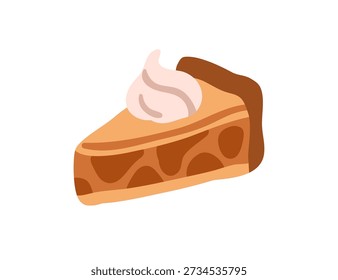 Cake slice. Sweet pastry dessert, triangle piece decorated with whipped cream. Delicious bakery, baked patisserie, pie with crust, caramel. Flat vector illustration isolated on white background