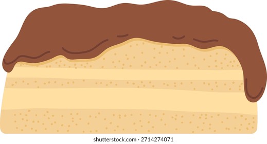Fatia de bolo com geada grossa e esponja em camadas, contornos limpos e sombreamento suave. Símbolo de sobremesa, indulgência, panificação e conforto doce para marca de comida. Ilustração de vetor de desenhos animados.