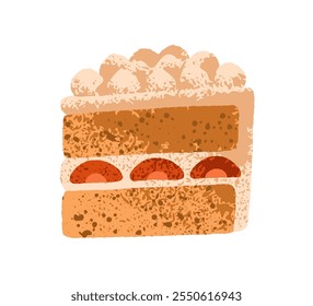 Cake slice with vanilla sponge, whipped cream and strawberries layers. Sweet creamy dessert with berries. Festive confectionery treat, cut piece. Flat vector illustration isolated on white background