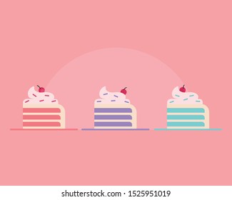 Cake slices with cream and cherry