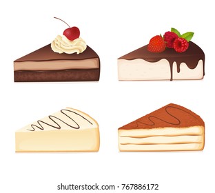 Cake slices with different toppings isolated on white. Vector
