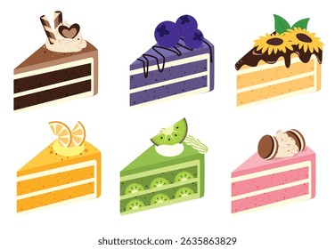 Cake slices elements clipart set. Birthday cake slice clip art in chocolate, blueberry, lemon, kiwi and strawberry flavors collection in white background vector illustration. 
