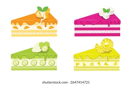 Cake slices with fruit topping set - mango, dragon fruit, green grape, and pineapple topping