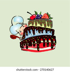 cake with a small cook on a light background for a card