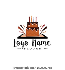 Cake with smartphone logo vector. Creative and fun concept design of bakery house store icon. Flat modern, pop art vintage look. Apply to web site, mobile phone apps, market brand, front of wall decor