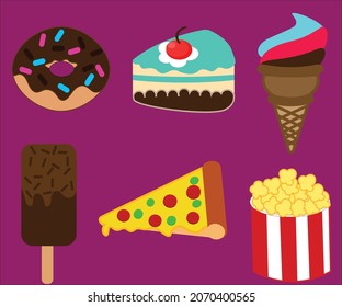 CAKE AND SNACK LOGO ICON. DONUTS. ICE CREAM. PIZZA. POP CORN