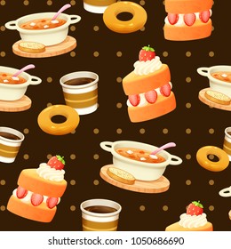 Cake, Soup, Hot coffee and doughnut on dark brown background seamless pattern vector, Endless background