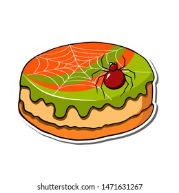 cake with spider and web for Halloween party. Isolated objects of colorful treats on a white background. Vector illustration  Cartoon style. Pattern for decor of  poster, postcard, textiles.
