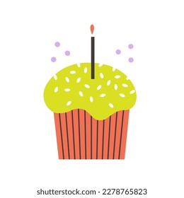 Cake with sprinkles and candle. Holiday card design. Colorful minimalist flat vector illustration.