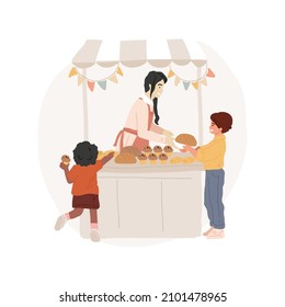 Cake stall isolated cartoon vector illustration. Woman selling cupcakes and muffins, homemade cake stall, sweets, school festival activity, price labels, fair food market cartoon vector.
