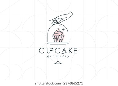 Cake stand with cupcake in art deco style holding by hand drawing on white background