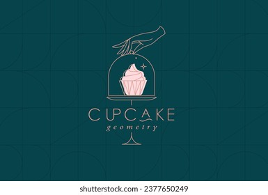 Cake stand with cupcake in art deco style holding by hand drawing on dark turquoise background