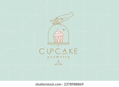 Cake stand with cupcake in art deco style holding by hand drawing on turquoise background svg