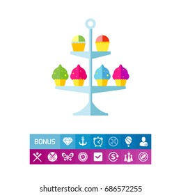 Cake stand with cupcakes vector icon