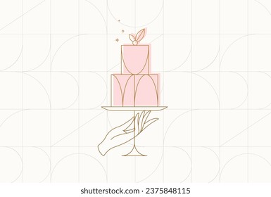 Cake stand with dessert in art deco style holding by hand drawing on beige background