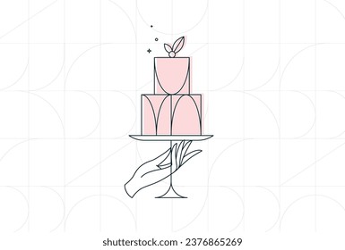 Cake stand with dessert in art deco style holding by hand drawing on white background