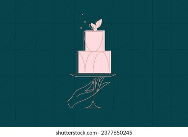 Cake stand with dessert in art deco style holding by hand drawing on dark turquoise background