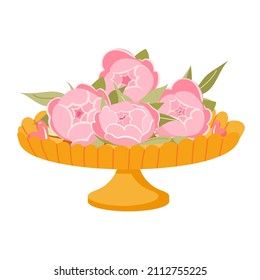 Cake stand with peony flower bud isolated on white background. Flat style illustration. Happy valentines day