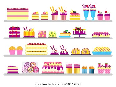 Cake stand in shop illustration. Vector sweet for party background. Food icon set on happy birthday or wedding. Vector collection object