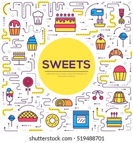 Cake stand in shop outline illustration. sweet for party background. Food icon set on happy birthday or wedding. Vector collection object