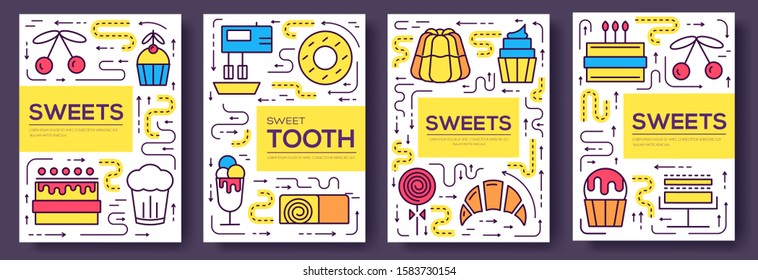 Cake stand in shop vector brochure cards thin line. Sweet for party template of flyer, magazines, posters, book cover, banners. Layout food set on happy birthday or wedding outline modern pages