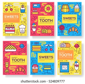 Cake stand in shop vector brochure cards thin line. Sweet for party template of flyear, magazines, posters, book cover, banners. Layout food set on happy birthday or wedding outline modern pages