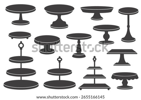 Cake stand silhouettes. Trays and platters for tea and desert serving. Vector flat illustrations on white background. Simple black displays for food and pastry. Birthday and wedding serving decor