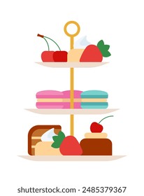 Cake stand. Three tier cake stand with cakes, pastries, biscuits and scones. Tableware to display sandwiches and desserts. Simple and clear illustration. Isolated flat vector