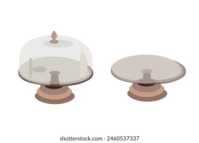 Cake stand with and without a lid. Cake pan. Set of metal and glass dishes for cake and other snacks. Decor for the kitchen. Utensils for confectionery. Flat design