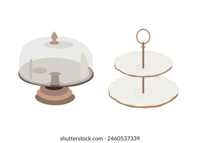 Cake stand with and without a lid. Cake pan. Set of metal and glass dishes for cake and other snacks. Decor for the kitchen. Utensils for confectionery. Flat design