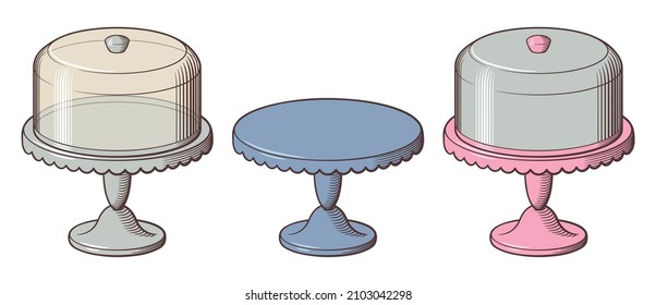 Cake stands with metallic and glass covers. Vector image set. Illustration in retro style, isolated on white background