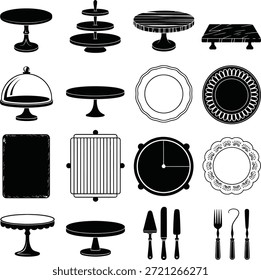 Kuchenständer und Servierplatten Symbolsatz. Mit gestuften Ständern, Glaskuppeln, Holztafeln, Schiefertellern, Kuchenservern, Messern und Esstischen.