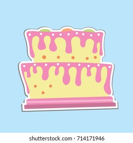 Cake Sticker Vector Illustration For Children Book, Kids In Trendy Style Isolated in Blue Background