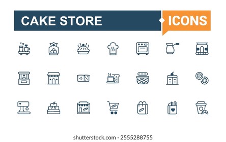 Cake Store icon collection. Featuring wheat, tool, dessert, breakfast, bread, cupcake, web, oven. Isolated icons design. Vector outline icons collection.