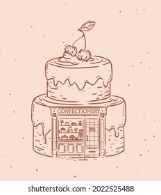 Cake a storefront of confectionery drawing in vintage style on peach color background