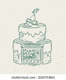 Cake a storefront of confectionery drawing in vintage style on beige background