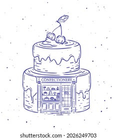 Cake a storefront of confectionery drawing in vintage style on white background