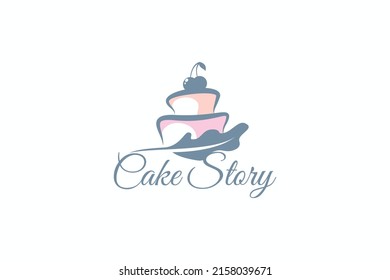Cake Story Logo With A Combination Of A Cake And Feather Pen.