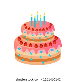 Cake with strawberries and candles. Vector
